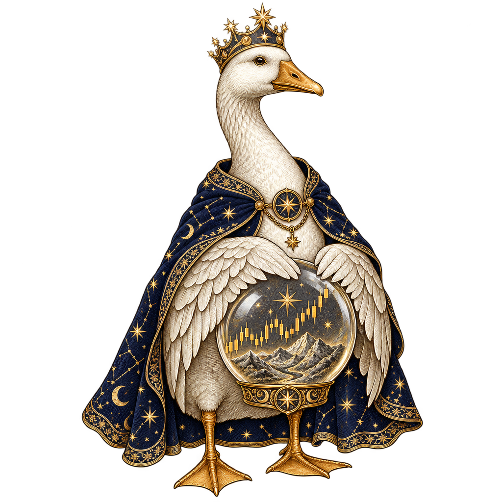 The Oracle Goose — crowned and cloaked, reading a star-filled orb