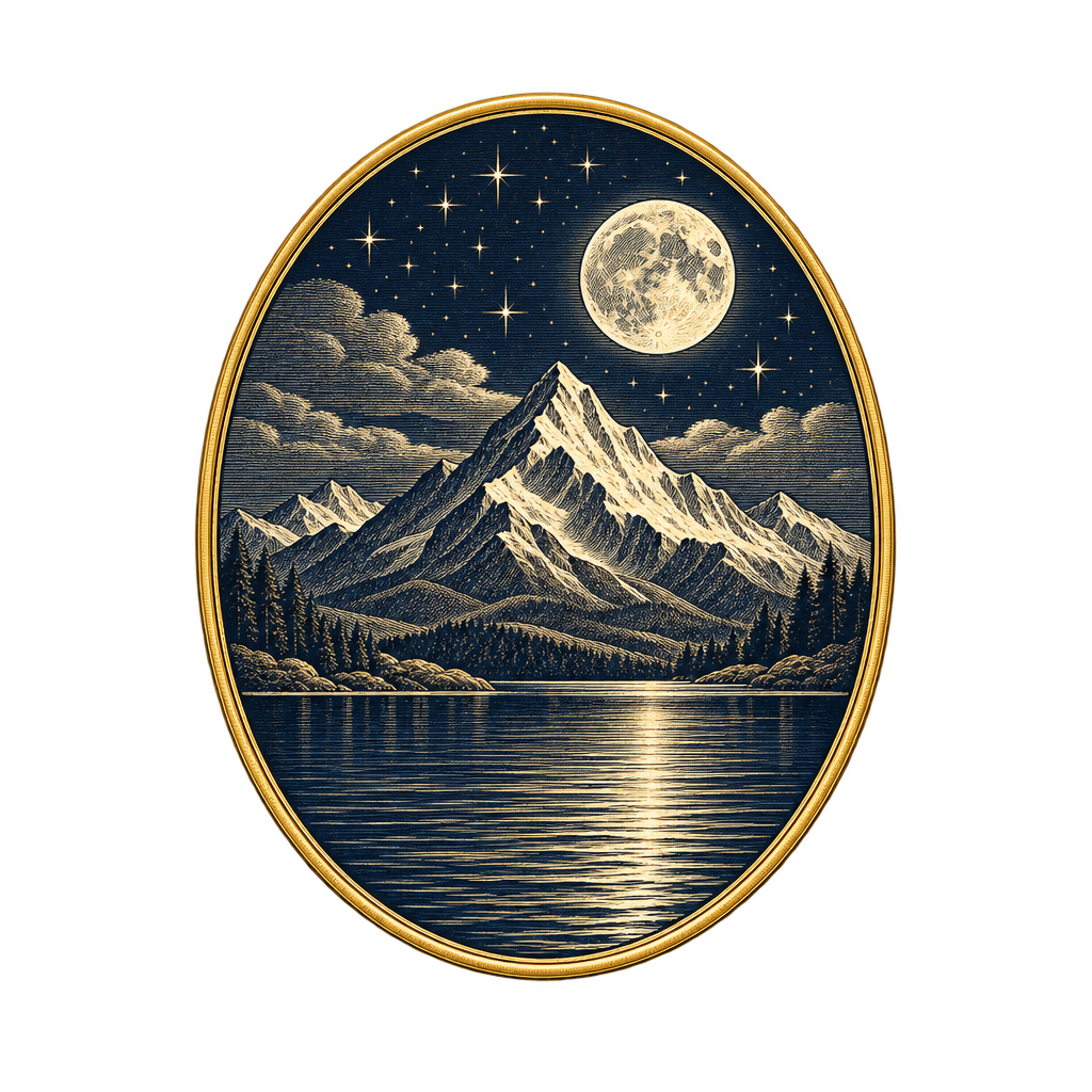 A moonlit peak over still water